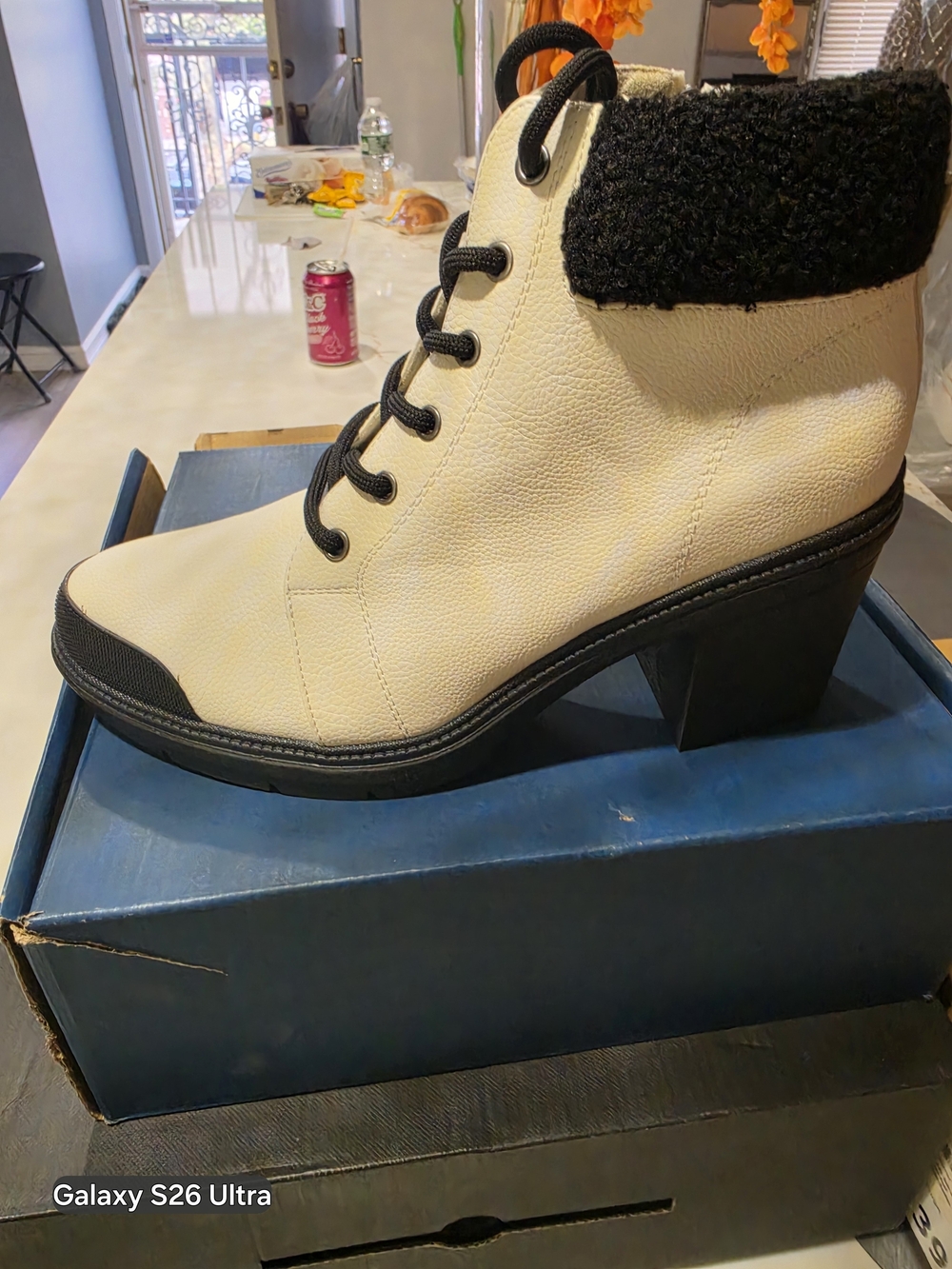 Dr. Scholl's Cream Lace-Up Ankle Boot with Black Trim and Cuff